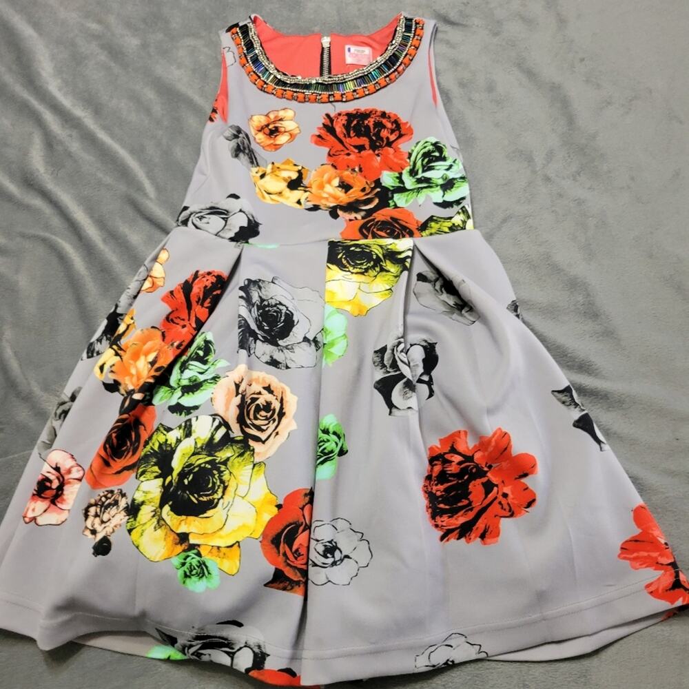 Zoe LTD Dress Girls Size 10‎ Grey Floral Formal Gown Beaded Neckline Full Skirt